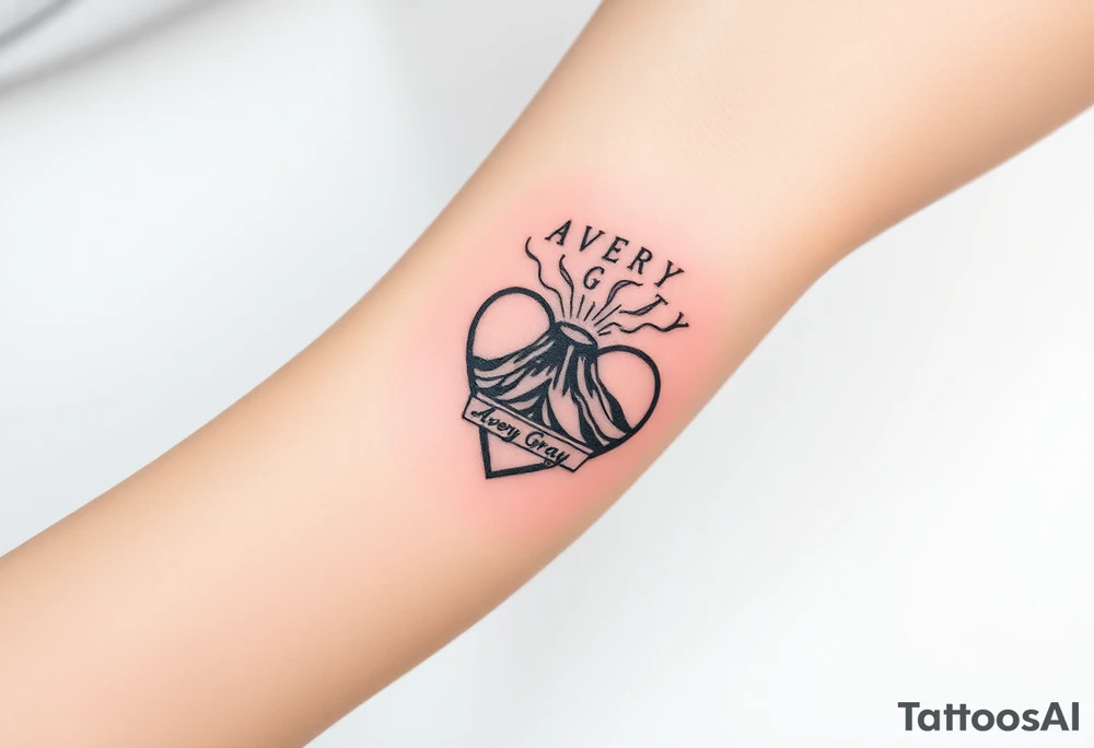 Female Geometric Volcano tattoo erupting in a heart with text Avery Gray on wrist tattoo idea