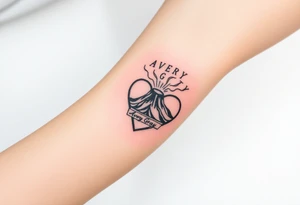 Female Geometric Volcano tattoo erupting in a heart with text Avery Gray on wrist tattoo idea