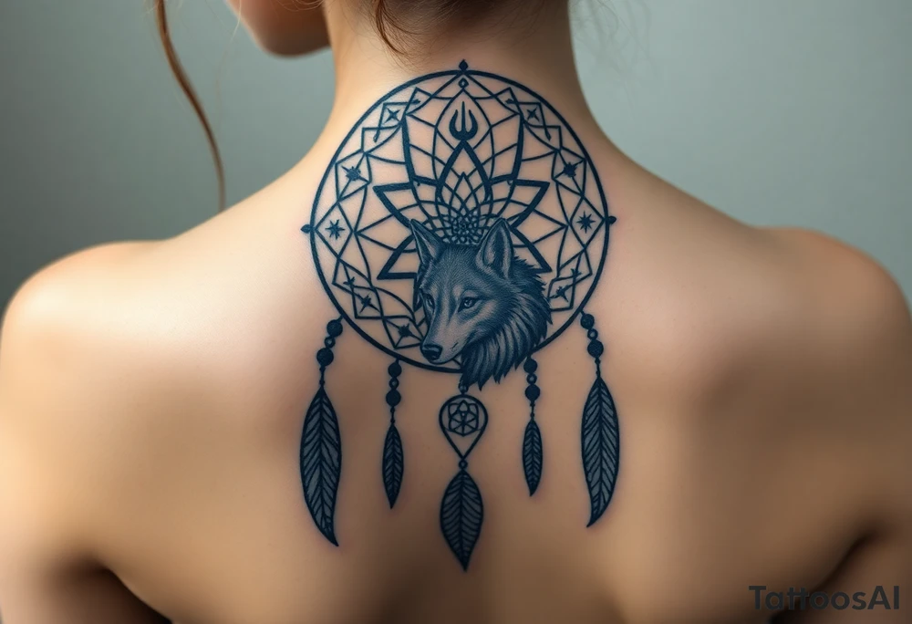 Dreamcatcher with zodiac symbols and protection runes caught in it with wolf teal tattoo idea