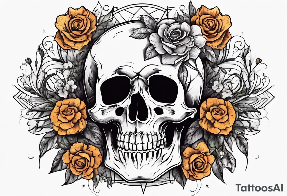 skeleton with body and flowers around it vintage sketch tattoo idea