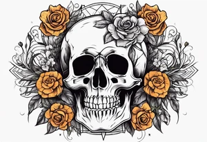 skeleton with body and flowers around it vintage sketch tattoo idea