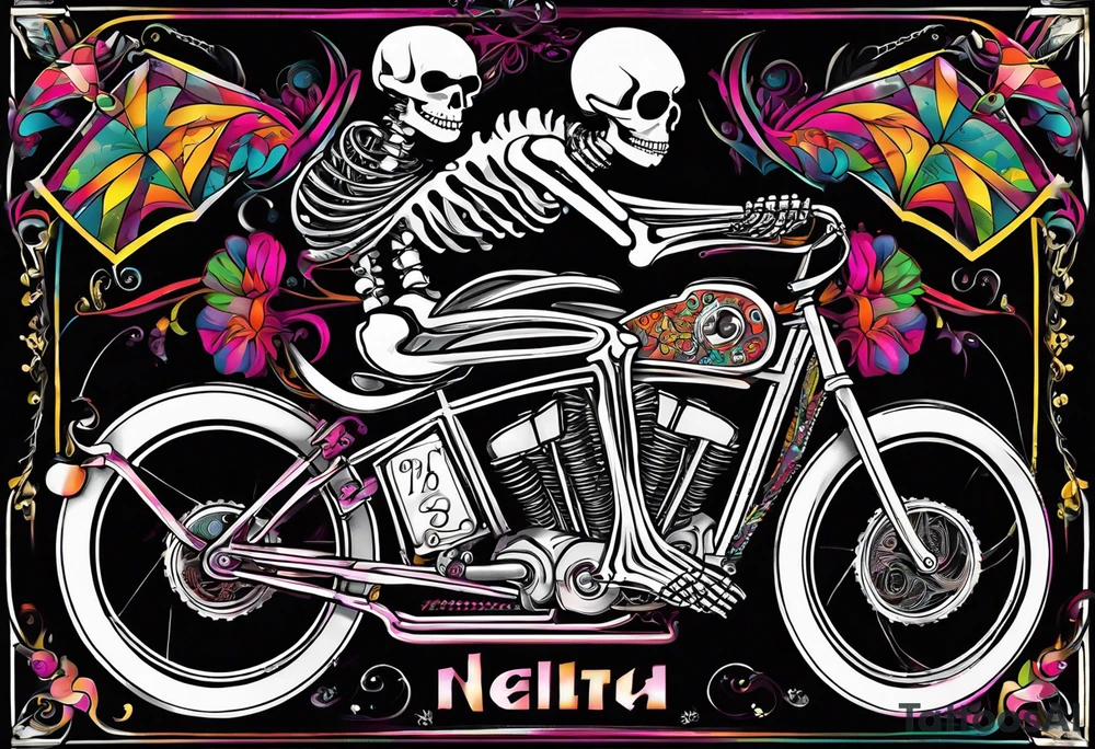 Skeleton rides a 21 speed racing bicycle with drop nars. The skeleton wears a 1980s style kit. There is no background image tattoo idea