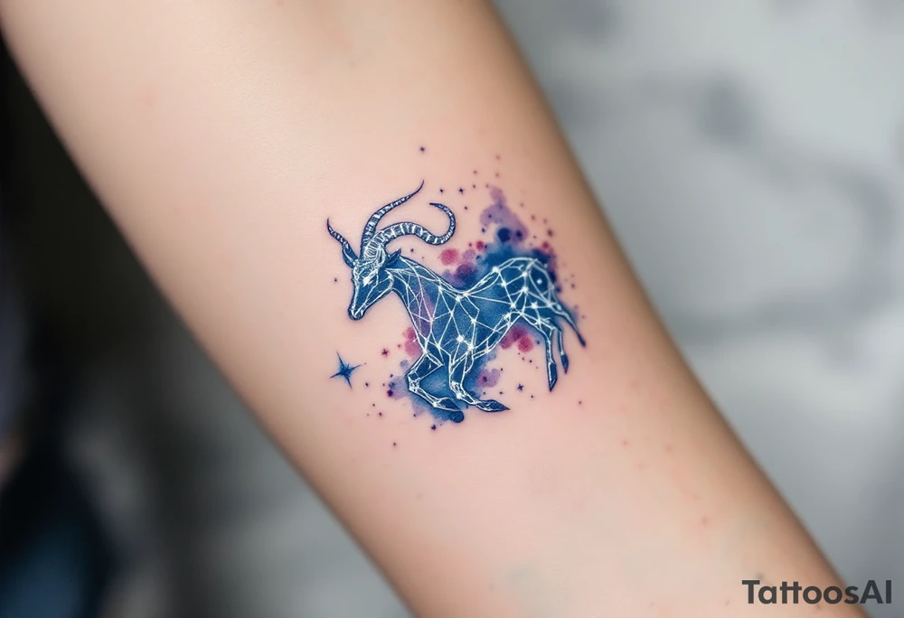A shimmering silver Capricorn constellation with a soft navy watercolor background captures the zodiac’s grounded mystery. tattoo idea