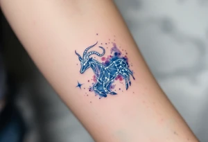 A shimmering silver Capricorn constellation with a soft navy watercolor background captures the zodiac’s grounded mystery. tattoo idea
