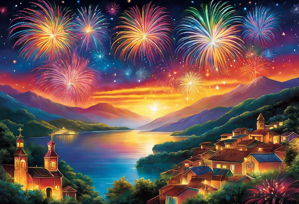 Fireworks burst across the night sky, surrounded by glowing candles and stars, capturing the magic and nostalgia of Colombian December nights. The scene is vibrant with multi-colored lights and an air of celebration. Soft linework mist or halos around the fireworks adds a magical, dreamy quality to the scene. The tattoo reflects joy and tradition, with an emphasis on warmth and festivity. tattoo idea