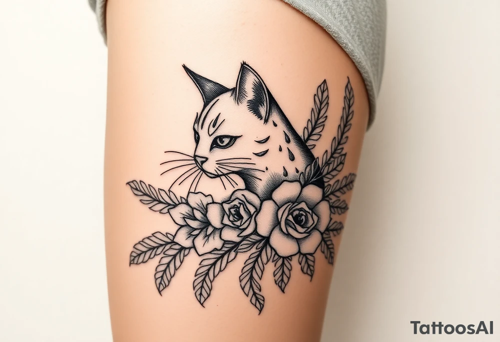 Egyptian cat vintage bouquet of roses and tribal design tattoo idea
