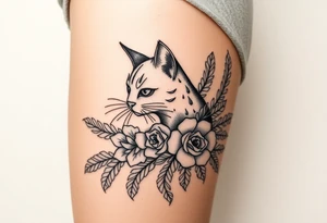 Egyptian cat vintage bouquet of roses and tribal design tattoo idea