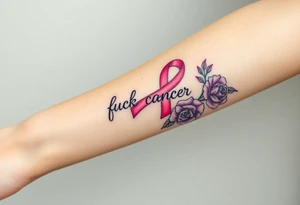 Pretty pink Cancer ribbon that says "fuck cancer"with purple roses tattoo idea
