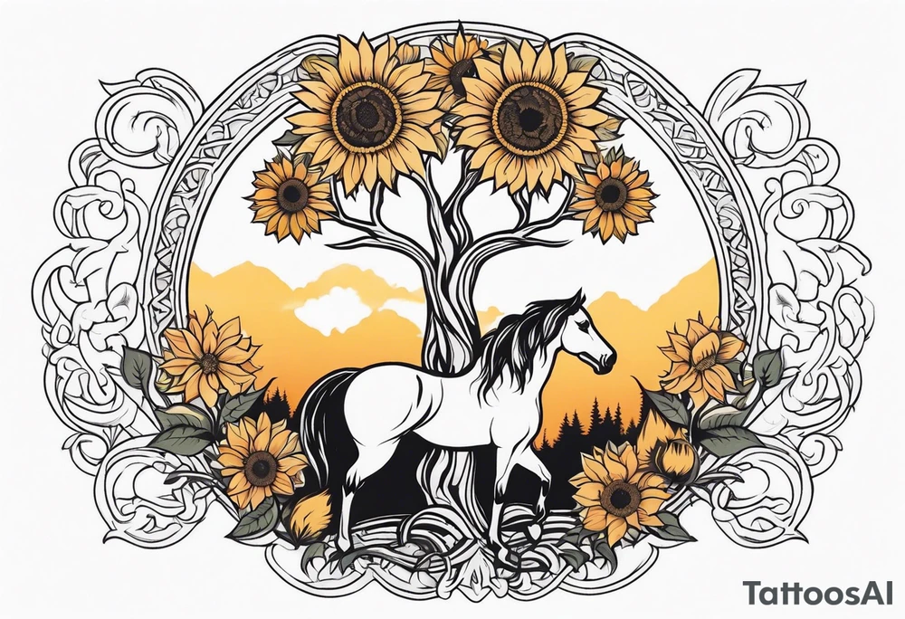 Yggdrasil tree, horse, sunflower tattoo idea