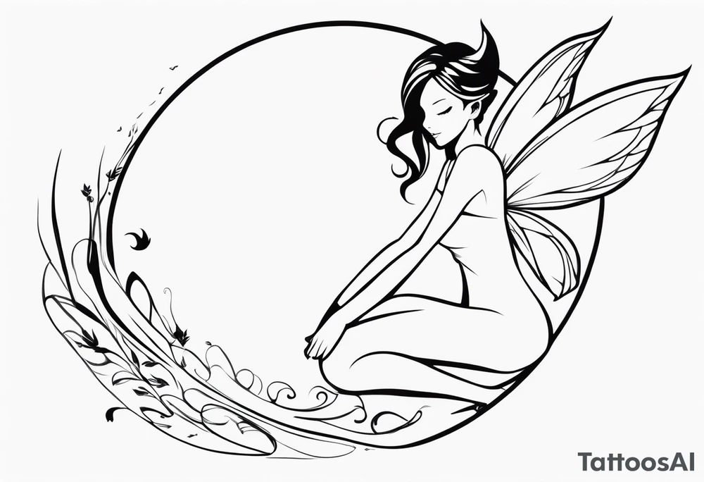 Minimalistic, monochromatic fairy with a tail flying to the left in a fetal position, leaning and looking in the same direction, with visible hands, embodying the 'Fairy Tail' logo aesthetic. tattoo idea