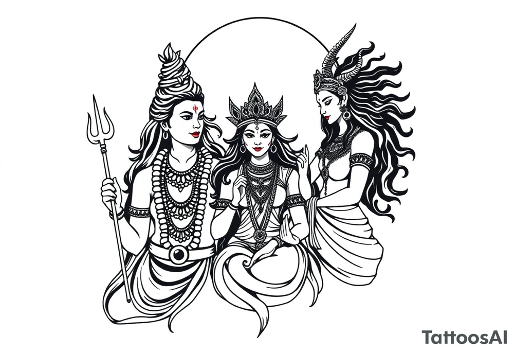 Lord Shiva, Godess Kali, Godess Lilith Together with the moon in the background tattoo idea