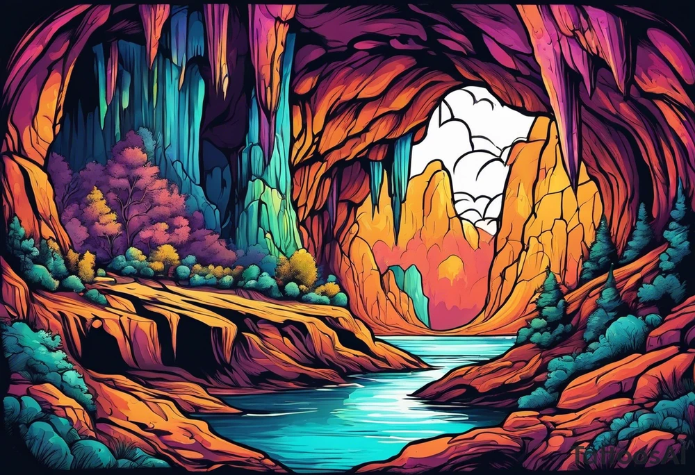 Colorful cave with stalactites and stalagmites tattoo idea