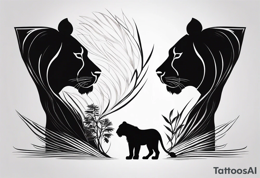 Minimalist black and white tattoo design for the calf featuring a lion, lioness, and lion cub. The lion faces upward towards the sky, looking in the opposite direction of the lioness. The lion cub is positioned below them, looking up. The design has a feminine touch with simple lines and elegant curves, focusing on the emotional connection between the three animals. tattoo idea