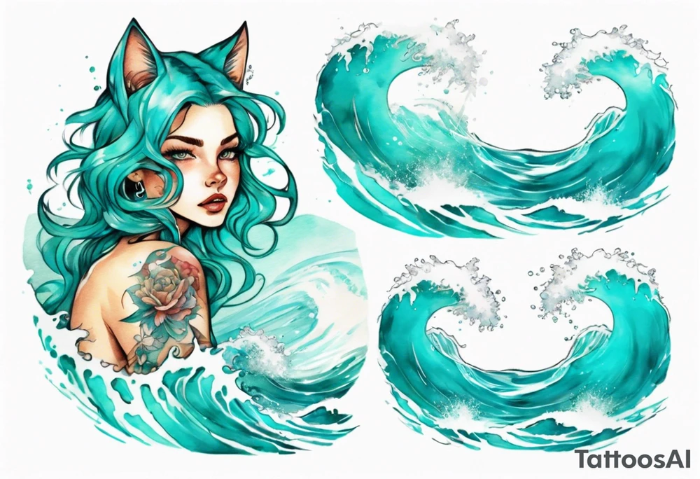 a beautiful turquoise catgirl emerging from an ocean wave, crashing onto the shore tattoo idea