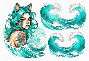 a beautiful turquoise catgirl emerging from an ocean wave, crashing onto the shore tattoo idea