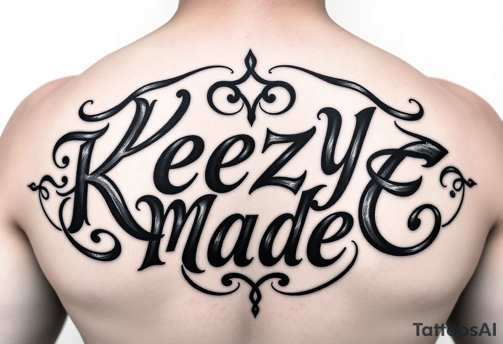 letters only fancy but rugged twisted and intertwined circular arched curvy lettering in a circular  forum that would be clothing brand style that says (KeezY MadE) almost like the the roca wear symbol clothing brand tattoo idea