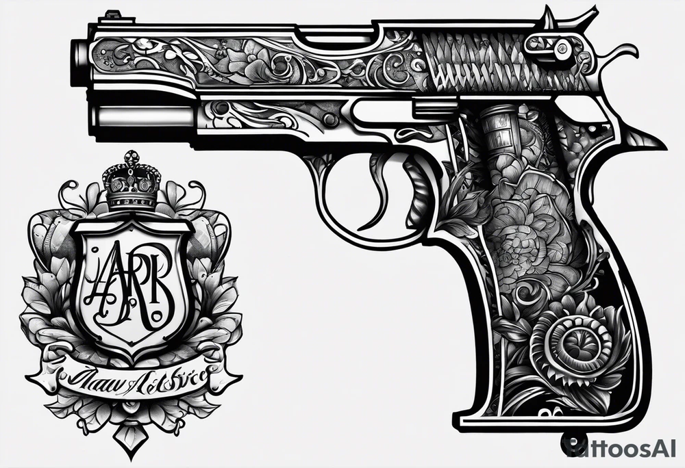The letters AR with a pistol on each side and the word always on the top and ready on the bottom tattoo idea