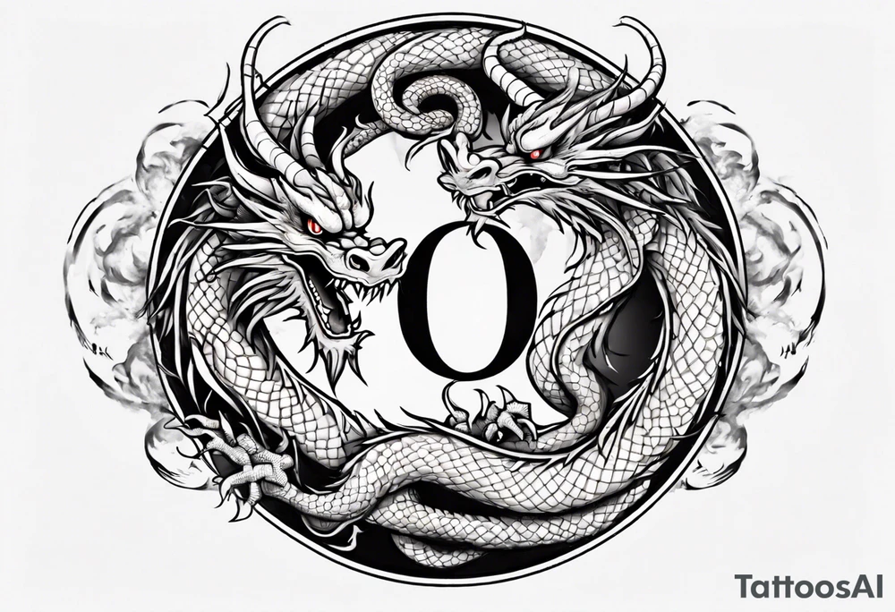 Chinese dragon in a circular shape with "02.03" written on its skin tattoo idea