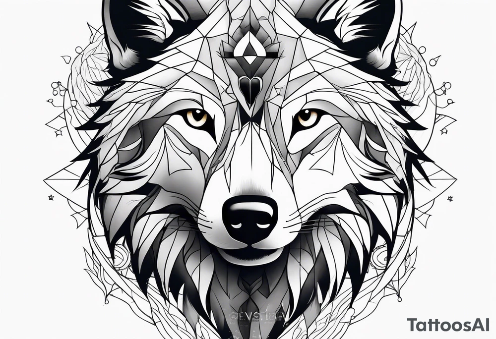 Wolf face with waterfall and nature in the background tattoo idea