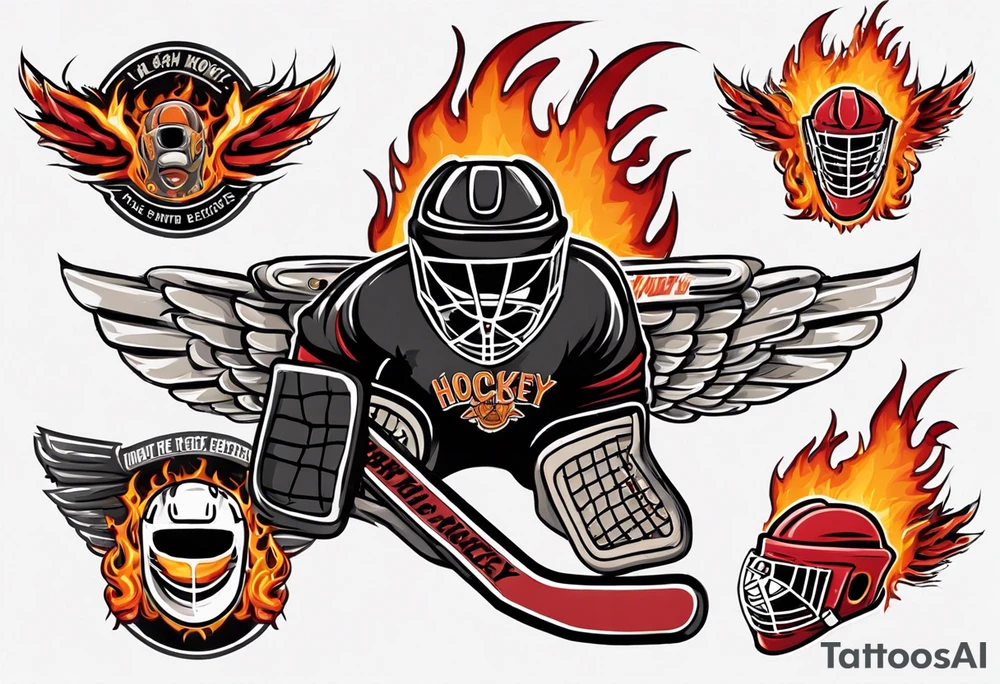 hockey puck with flaming wings and a goalie mask that says "SHOT HOCKEY" tattoo idea