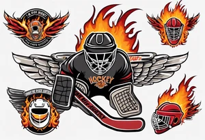 hockey puck with flaming wings and a goalie mask that says "SHOT HOCKEY" tattoo idea