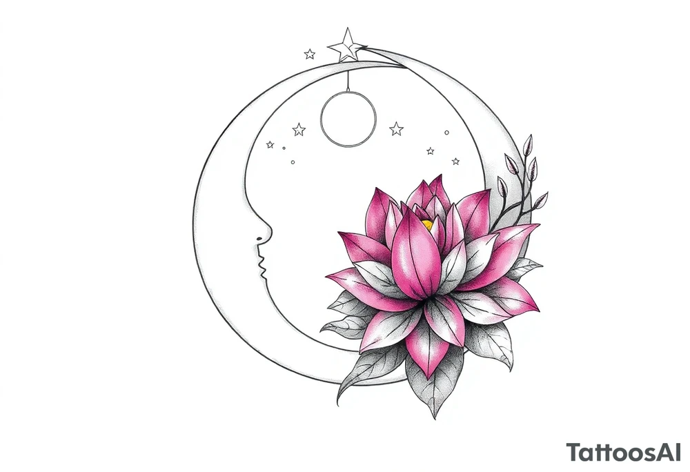 crescent floral moon with lotus flower and celestial tattoo idea