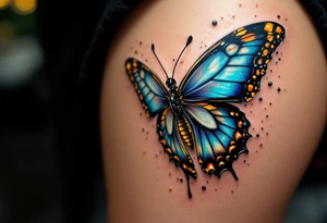 A realistic butterfly landing on the skin, with lifelike texture in electric blue, black, and golden highlights, appearing as if it could fly away. tattoo idea