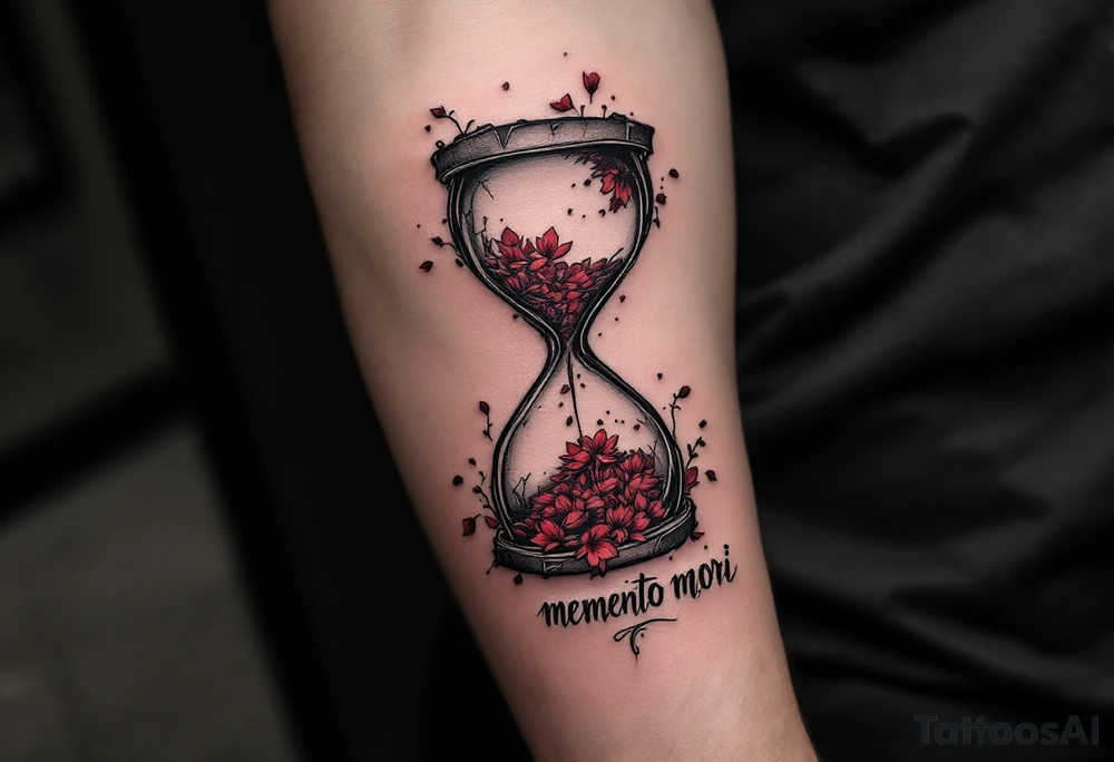 A grayscale hourglass cracked and spilling red petals, with "memento mori" in inked calligraphy curling along the base. tattoo idea