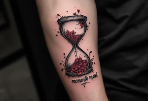 A grayscale hourglass cracked and spilling red petals, with "memento mori" in inked calligraphy curling along the base. tattoo idea