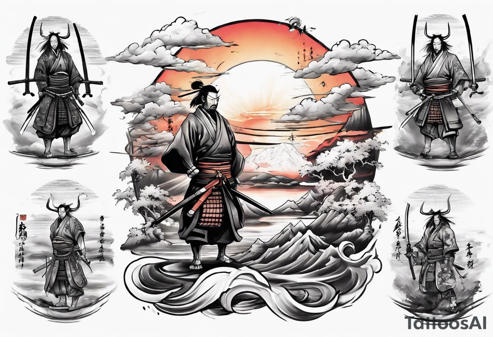 Samurai in the centre of a beautiful sunset tattoo idea