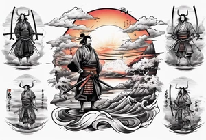 Samurai in the centre of a beautiful sunset tattoo idea