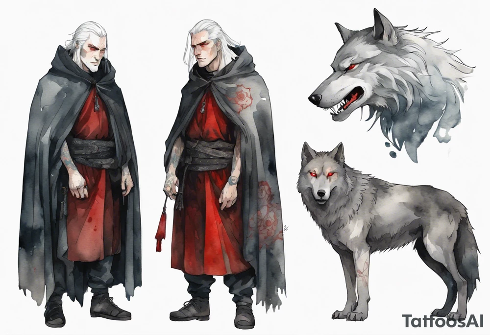 a gaunt medieval man with white hair, grey eyes, and a black cloak standing beside a massive grey wolf with red eyes tattoo idea