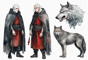 a gaunt medieval man with white hair, grey eyes, and a black cloak standing beside a massive grey wolf with red eyes tattoo idea