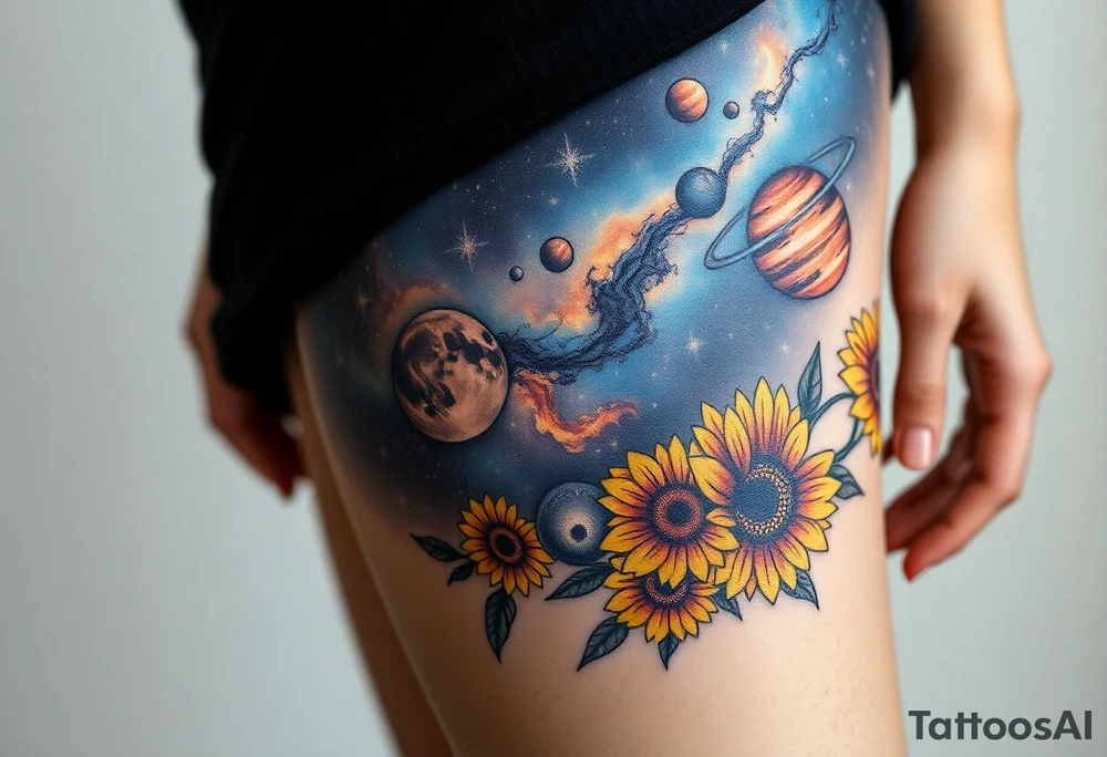 Milky way galaxy with planets with zodiac symbols and protection runes in it with tigerlillies roses and sunflowers tattoo idea