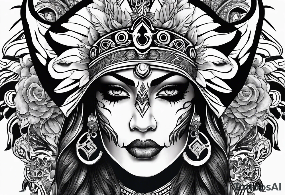 kali, goddess pirate, pachamama, warrior, skull, lotus, wing, eagle tattoo idea