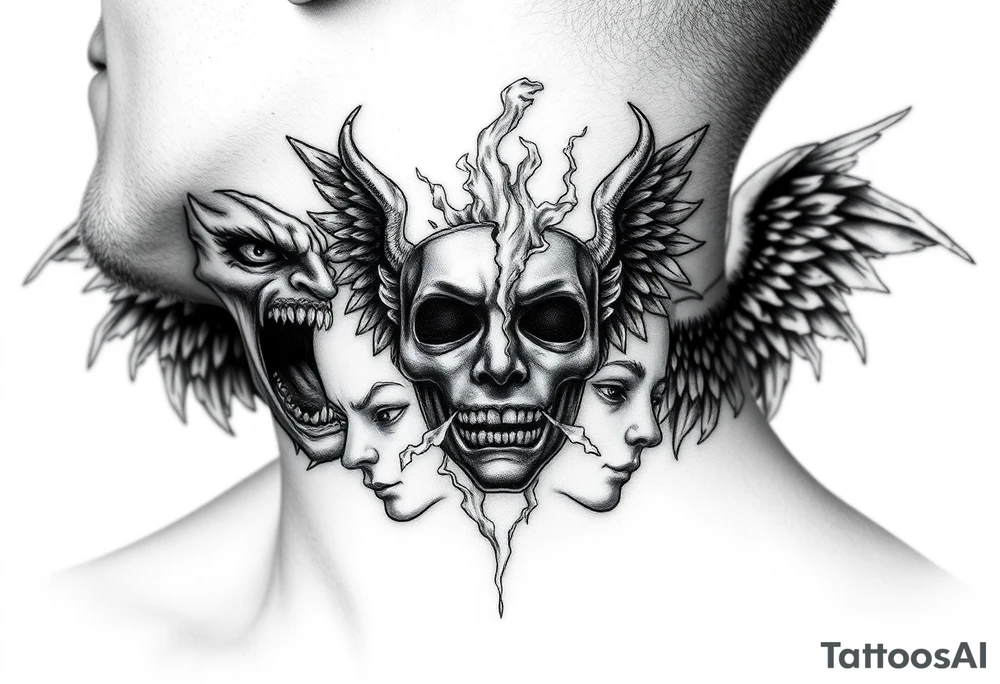 Dark fantasy neck tattoo. A demonic face screaming toward a screaming angel on opposite sides of the neck, both facing inward. Between them, in the center front of the neck, a broken mask splitting into light and darkness, with smoke and energy flowing from the cracks. Black and grey realism, high contrast, detailed linework, dramatic shadows. tattoo idea