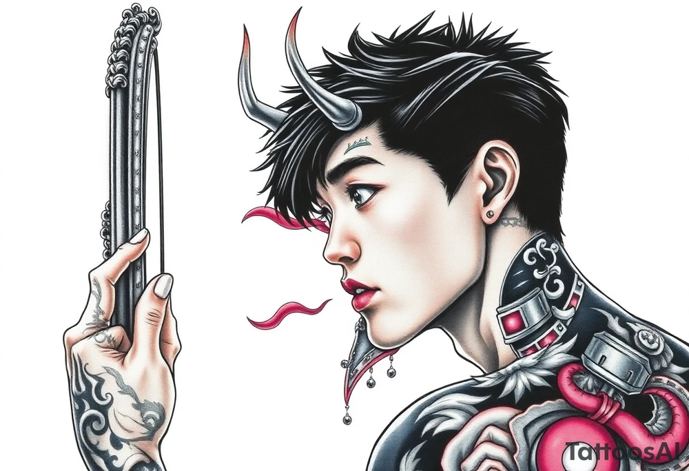 Handsome Asian young guy is looking in cursed mirror and see the evil tattoo idea