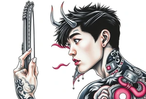 Handsome Asian young guy is looking in cursed mirror and see the evil tattoo idea