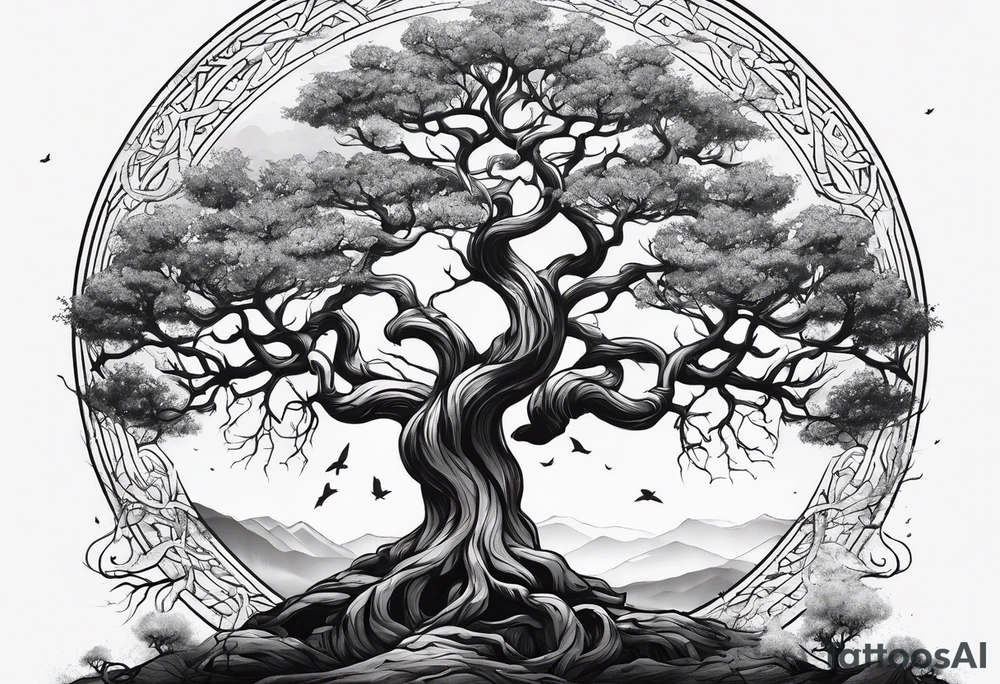 minimalistic Yggdrasil tree with no leaves tattoo idea