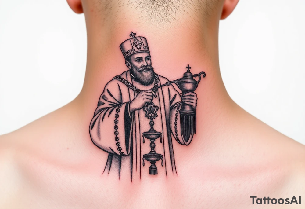 Russian orthodox priest in a detailed vestment swinging censer chains tattoo idea