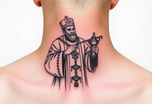 Russian orthodox priest in a detailed vestment swinging censer chains tattoo idea