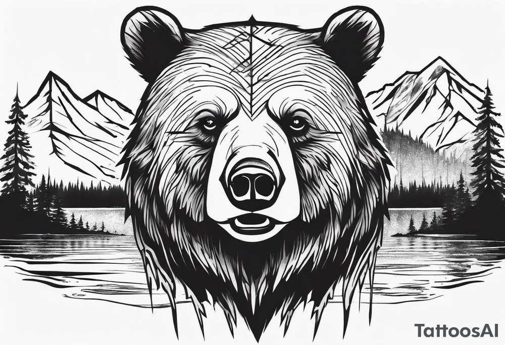 bear head right above the forest line with a lake below, full arm sleeve tattoo tattoo idea