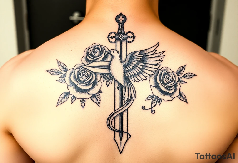Cross sword darkened in with roses pearls and a phoenix rising from the ashes feminine but powerful the phoenix is not the main attraction the cross is tattoo idea