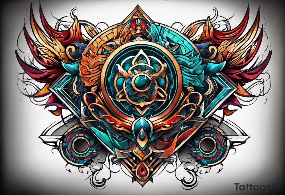 Bold geometric tapestry trident in colour on arm tattoo idea