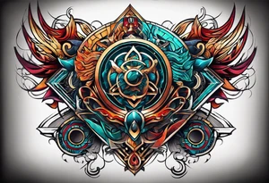 Bold geometric tapestry trident in colour on arm tattoo idea