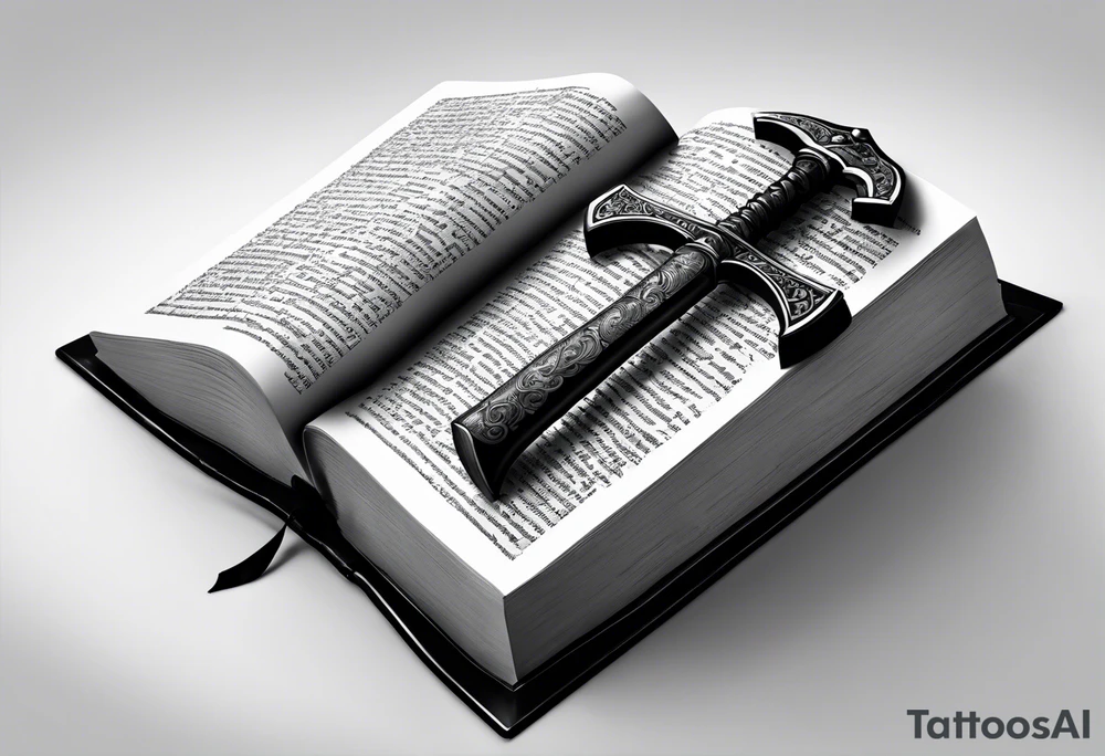 An opened bible with a battle Axe tattoo idea