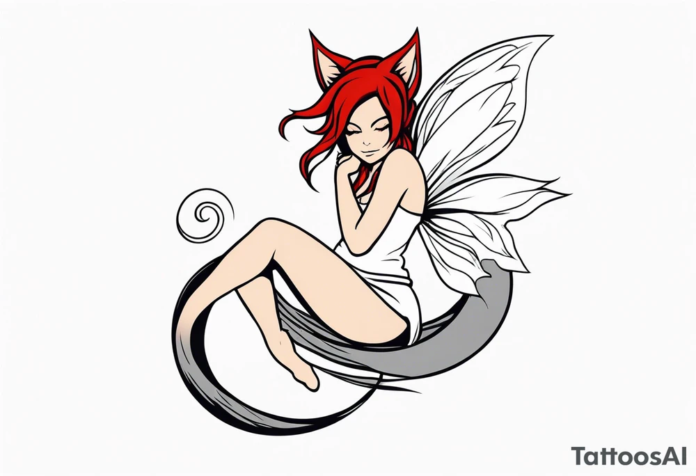 A fairy with a tail inspired by the logo of the show called Fairy Tail in a fetal position leaning in tattoo idea