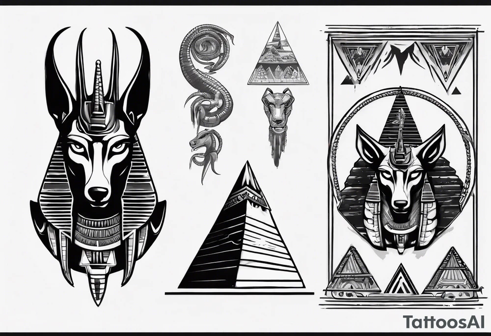 Egyptian god Anubis' head with a cobra snake with pyramids tattoo idea