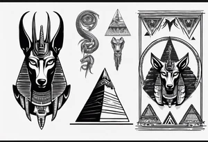 Egyptian god Anubis' head with a cobra snake with pyramids tattoo idea
