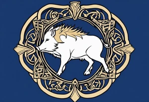 Side profile, Celtic, tribal, wild boar, On a Chatwin family crest with blue background, two gold stars, and a gold Chevron, and a Thistle tattoo idea